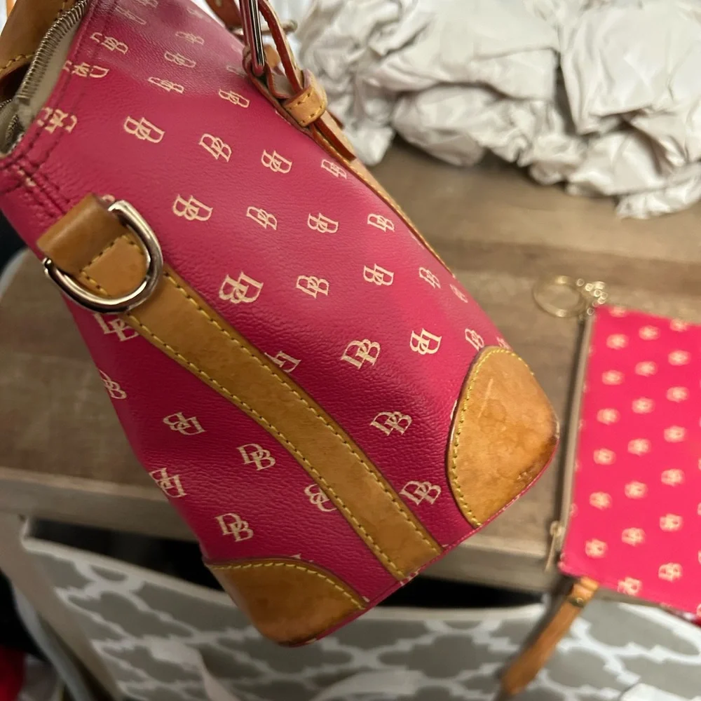 Dooney & Bourke Bright Pink Logo Tote with Tan Leather Trim - Picture 7 of 9